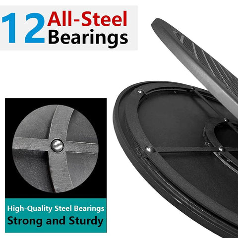 Close-up of Heavy Duty 12 Inch Rotating Lazy Susan Turntable with precision steel ball bearings, black finish
