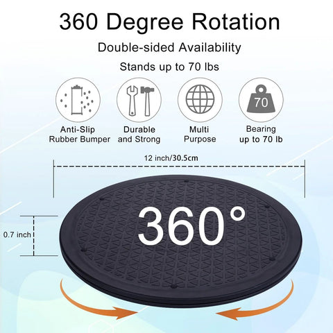 2 Pack 12 Inch Lazy Susan Turntable Organizer with 360 Degree Rotation, showcasing anti-slip surface and 70 lb capacity.