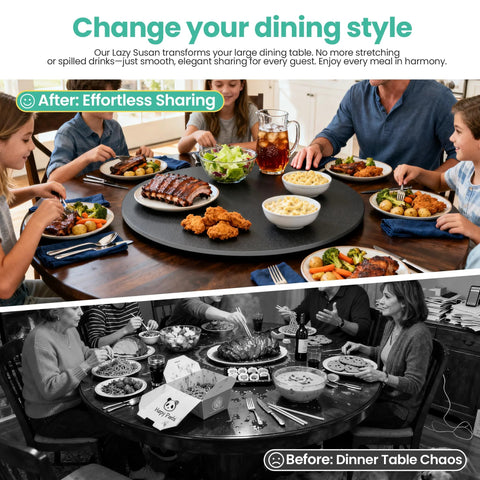 Family using 31.5 Inch Lazy Susan Turntable With 360 Degree Rotation Sintered Stone Silent Anti Slip Surface for dining ease.