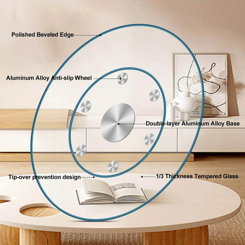 Diagram of 36 Inch Heavy Duty Lazy Susan Turntable with Extra Thick 1/3 Inch Tempered Glass featuring anti-slip design and aluminum alloy base.