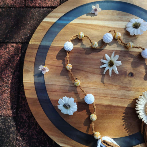 16 inch large lazy susan turntable made from acacia wood and resin, decorated with flowers and beads.