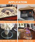 Applications of 12 Inch Heavy Duty Lazy Susan Hardware, including rotating puzzle stand, project use, table lazy susan, and swivel chair.