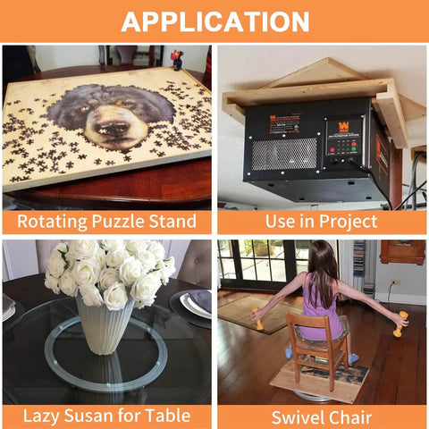 Applications of 12 Inch Heavy Duty Lazy Susan Hardware, including rotating puzzle stand, project use, table lazy susan, and swivel chair.