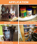 Applications of 12 Inch Heavy Duty Lazy Susan Hardware with images showing DIY gift, cabinet, furniture, and glove compartment uses.