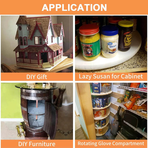 Applications of 12 Inch Heavy Duty Lazy Susan Hardware with images showing DIY gift, cabinet, furniture, and glove compartment uses.