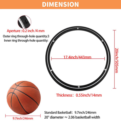 Diagram showing dimensions of 20 Inch Lazy Susan Bearing Base with 450 Lb Load Capacity next to a standard basketball for scale.