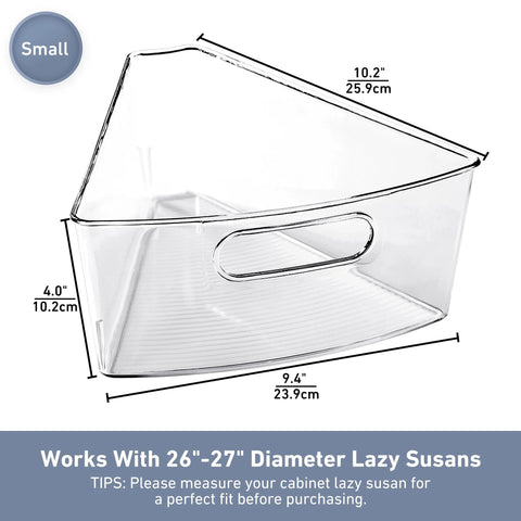 Four Pack 26 Inch Lazy Susan Organizer Bins for Corner Kitchen Cabinets Durable BPA Free Plastic with Handle Wedge One Eighth Inch Food Safe Storage Containers for Cabinets and Countertops