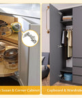 Front view of concealed cabinet hinge for corner lazy-Susan cabinet; 170-degree soft-close, surface-mount metal hinge.
Installed wardrobe cabinet interior with hanging rod and shelves; concealed hinges on doors.