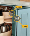 Open corner cabinet with 2 Pack Concealed European Style Lazy Susan Cabinet Hinges For Outer Corner Doors With Full Overlay 3D Adjustable Clip On Hinge 135 Degree Swing For Frameless Corner Cabinets Ideal For Frameless Cabinets And Corner Kitchens For Access To Stored Items, hinge angle labels visible