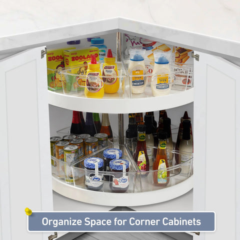 Four Pack 26 Inch Lazy Susan Organizer Bins for Corner Kitchen Cabinets Durable BPA Free Plastic with food items organized
