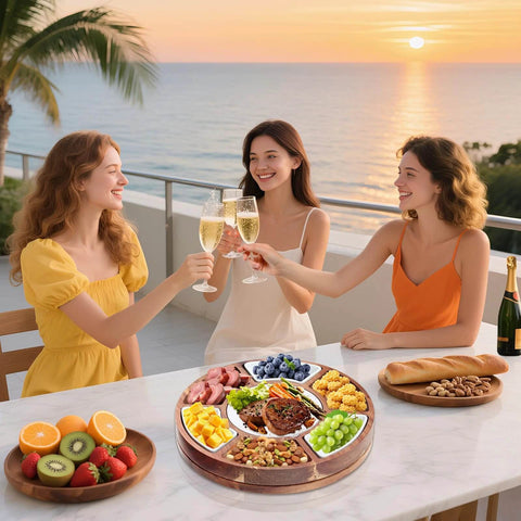 360 degree rotating lazy susan cheese and charcuterie board set with 13.5 inch acacia wood serving board, slate chiller, and accessories at sunset.