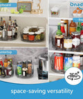 360 Degree Rotating Refrigerator Lazy Susan Turntable 13.5 Inch By 8.5 Inch organizer in fridge, cupboard, and countertop settings.