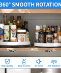 9 and 8 inch Lazy Susan turntables in kitchen cabinet, organized with spices, showcasing 360° rotation and smooth spinning capability.