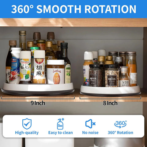 9 and 8 inch Lazy Susan turntables in kitchen cabinet, organized with spices, showcasing 360° rotation and smooth spinning capability.