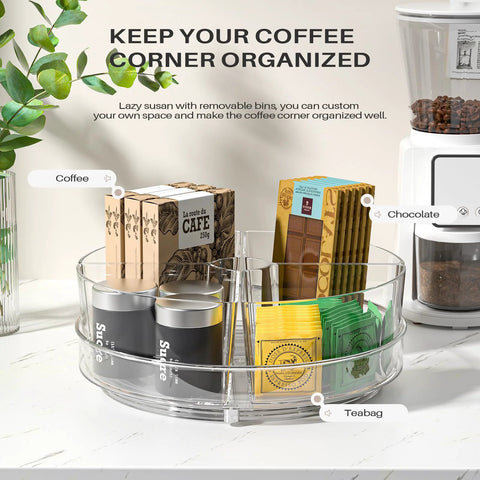 Clear 2 Pack 9 Inch Lazy Susan Organizer With 4 Removable Bins, holding coffee, chocolate, and tea bags on a countertop.