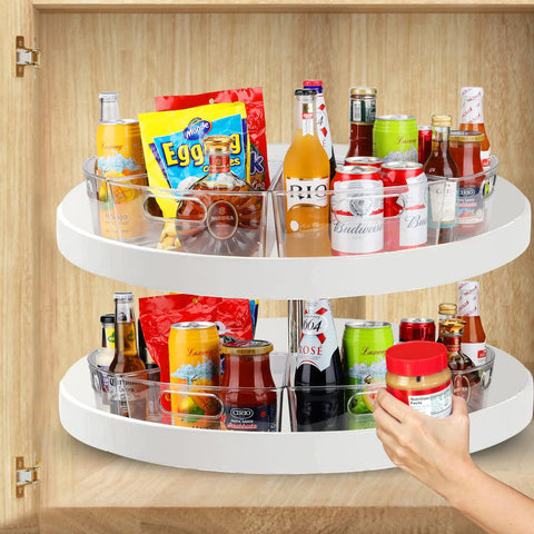 Lazy Susan Corner Cabinet Organizer Bins Set For 26 To 28 Inch Diameter Turntable with snacks and drinks, clear plastic design.