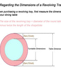 Diagram showing revolving tray dimensions for a dining table with measurement instructions for Large 28-Inch Wooden Lazy Susan Turntable.