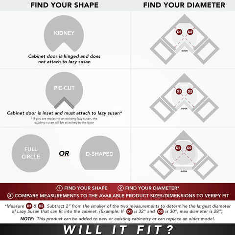 Infographic explaining measurements for 32 Inch Kidney Shaped Wood Lazy Susan With 360 Degree Swivel Bearings For In Cabinet Kitchen Organization