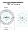 Diagram showing recommended table sizes for 36 Inch Heavy Duty Lazy Susan Turntable with Extra Thick 1/3 Inch Tempered Glass.