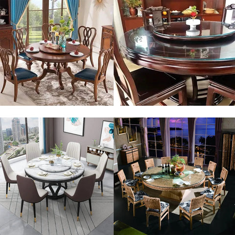 Dining tables with 2 Pack 12 Inch Lazy Susan Bearing Set Heavy Duty Aluminum Alloy Turntable in various settings, showcasing smooth rotation.