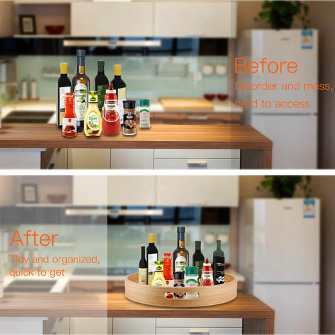 Lazy Susan Organizer 14 inch, Bamboo Lazy Susan for Table, before and after organization comparison with spices.