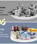 Comparison before and after using Four Pack 26 Inch Lazy Susan Organizer Bins for Corner Kitchen Cabinets Durable BPA Free Plastic with Handle Wedge One Eighth Inch Food Safe Storage Containers for Cabinets and Countertops.