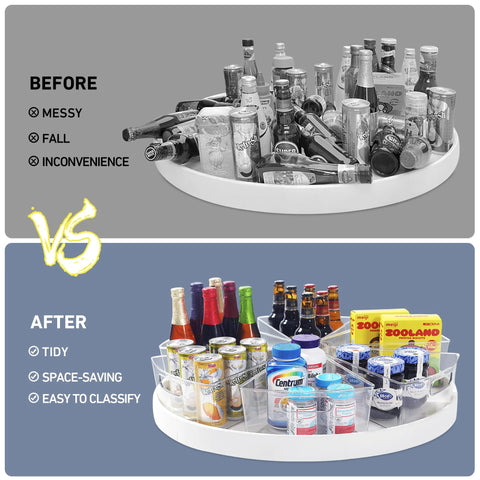 Comparison before and after using Four Pack 26 Inch Lazy Susan Organizer Bins for Corner Kitchen Cabinets Durable BPA Free Plastic with Handle Wedge One Eighth Inch Food Safe Storage Containers for Cabinets and Countertops.