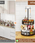 Before and after comparison using Heavy Duty 2 Tier Lazy Susan Organizer, Detachable Metal Rotating Spice Rack with Wood Panels.