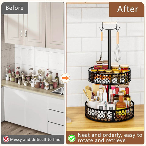 Before and after comparison using Heavy Duty 2 Tier Lazy Susan Organizer, Detachable Metal Rotating Spice Rack with Wood Panels.