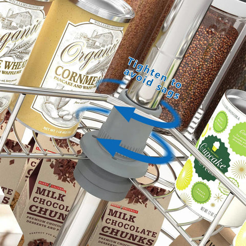 Close-up of 28 Inch Lazy Susan Cabinet Organizer showing rotating tray with cans positioned for blind corner cabinet installation
