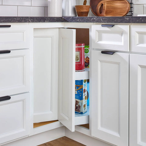 Pie-Cut Dual Tier Lazy Susan Organizer for Corner Base Cabinets in White Polymer, 28 Inch Wide Rotating Storage Shelves, installed