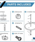 Diagram of parts included for Two Tier Full Round Lazy Susan Cabinet Organizer, detailing shelves, post, hubs, mounting plates, screws.