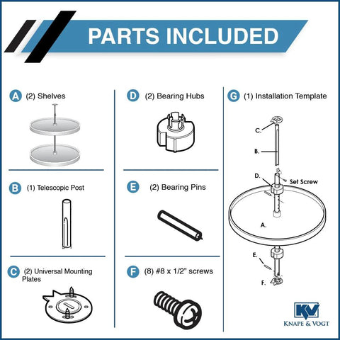 Diagram of parts included for Two Tier Full Round Lazy Susan Cabinet Organizer, detailing shelves, post, hubs, mounting plates, screws.