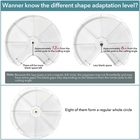 Diagram showing shape adaptation of set of 6 transparent lazy susan organizers for kitchen cabinets, wedge design, food safe, BPA free.