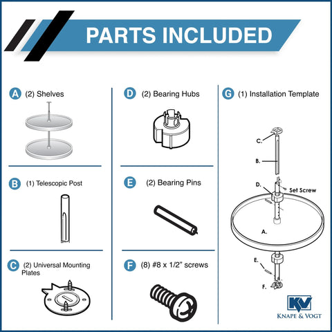 28 Inch Full Round Polymer Lazy Susan Cabinet Organizer parts including shelves, post, bearing hubs, and installation template.