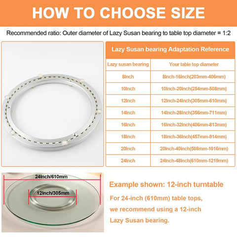 Guide for selecting Heavy Duty 24 Inch Lazy Susan Bearing With Silent Smooth Rotation For DIY Projects based on table size.