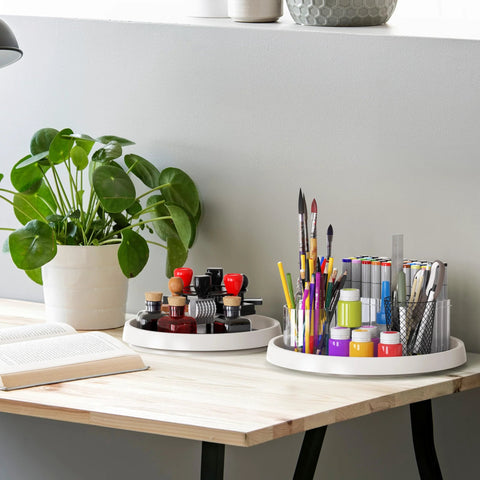 Four Pack Lazy Susan Spice Organizer Rotating Tray Set For Kitchen Pantry Refrigerator Cabinets on desk holding supplies