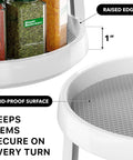 Features of Two Tier Lazy Susan Spice Organizer 10 Inch Rotating Turntable showing raised edge and skid-proof surface.