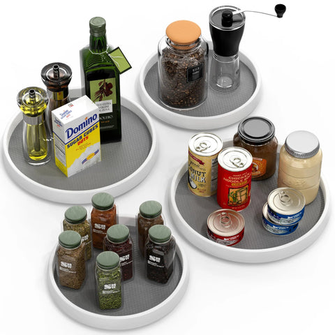 Four Pack Lazy Susan Spice Organizer Rotating Tray Set with jars and bottles, showing two 10 inch and two 12 inch trays in use.