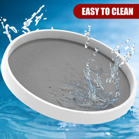 Four Pack Lazy Susan Spice Organizer Rotating Tray with non-slip rimmed edge, water splashing on surface, easy to clean text