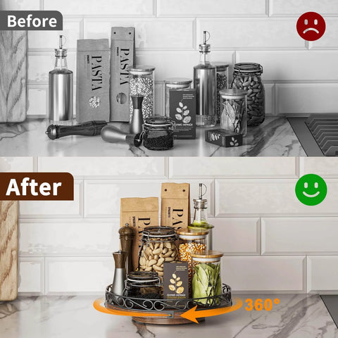 10 inch farmhouse wooden lazy susan turntable designed for cabinets, rustic round rotating tray showcasing organized kitchen items.