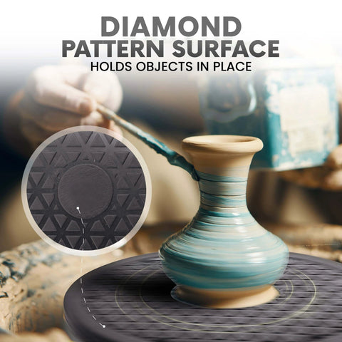 10 Inch Lazy Susan Turntable Organizer with diamond pattern surface, black swivel base, non skid, holds pottery in place.