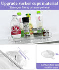 360 Degree Rotating Lazy Susan Turntable Organizer For Refrigerator Cabinet Pantry And Kitchen Countertop Measuring 11.8 Inches By 8.7 Inches Rectangular Space Saver With Smooth Spin Access Two Pack shown with bottles and cans, featuring suction cups for secure placement.