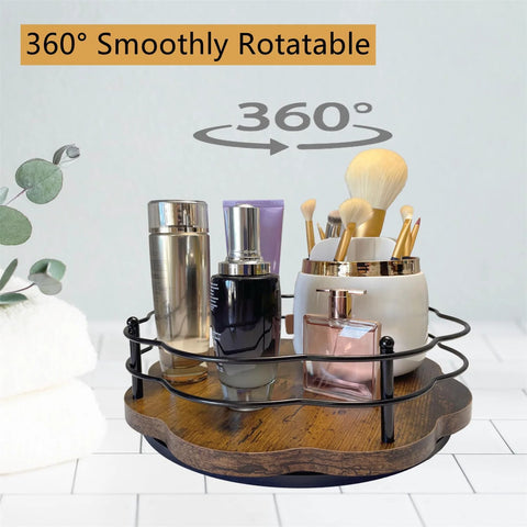 13 Inch Lazy Susan Turntable Organizer With Higher Metal Guardrails 360 Degree Rotating Wooden Storage holding toiletries