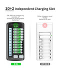Comparison of 12 Bay LCD Battery Charger for AA or AAA and 9V with 10 AA or AAA and 2 9V slots, showing independent operation vs paired charging.