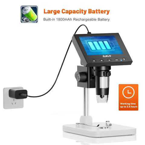 Microscope, LCD Digital Coin Microscope 1000x with rechargeable battery, showing 1800mAh capacity, charging via wall socket, 4.3-inch screen.