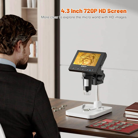 Man using Microscope, LCD Digital Coin Microscope 1000x with 4.3-inch display viewing coin details, 8 adjustable LED lights.