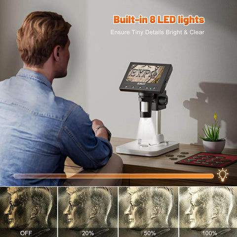 Person using Microscope, LCD Digital Coin Microscope 1000x with 8 adjustable LED lights in a room, PC view compatible with Windows/MacBook, EDM4, 4.3-Inch.