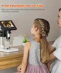 Child using Microscope, LCD Digital Coin Microscope 1000x with 4.3-Inch display alongside a woman.