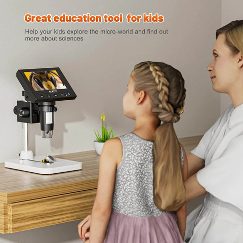 Child using Microscope, LCD Digital Coin Microscope 1000x with 4.3-Inch display alongside a woman.
